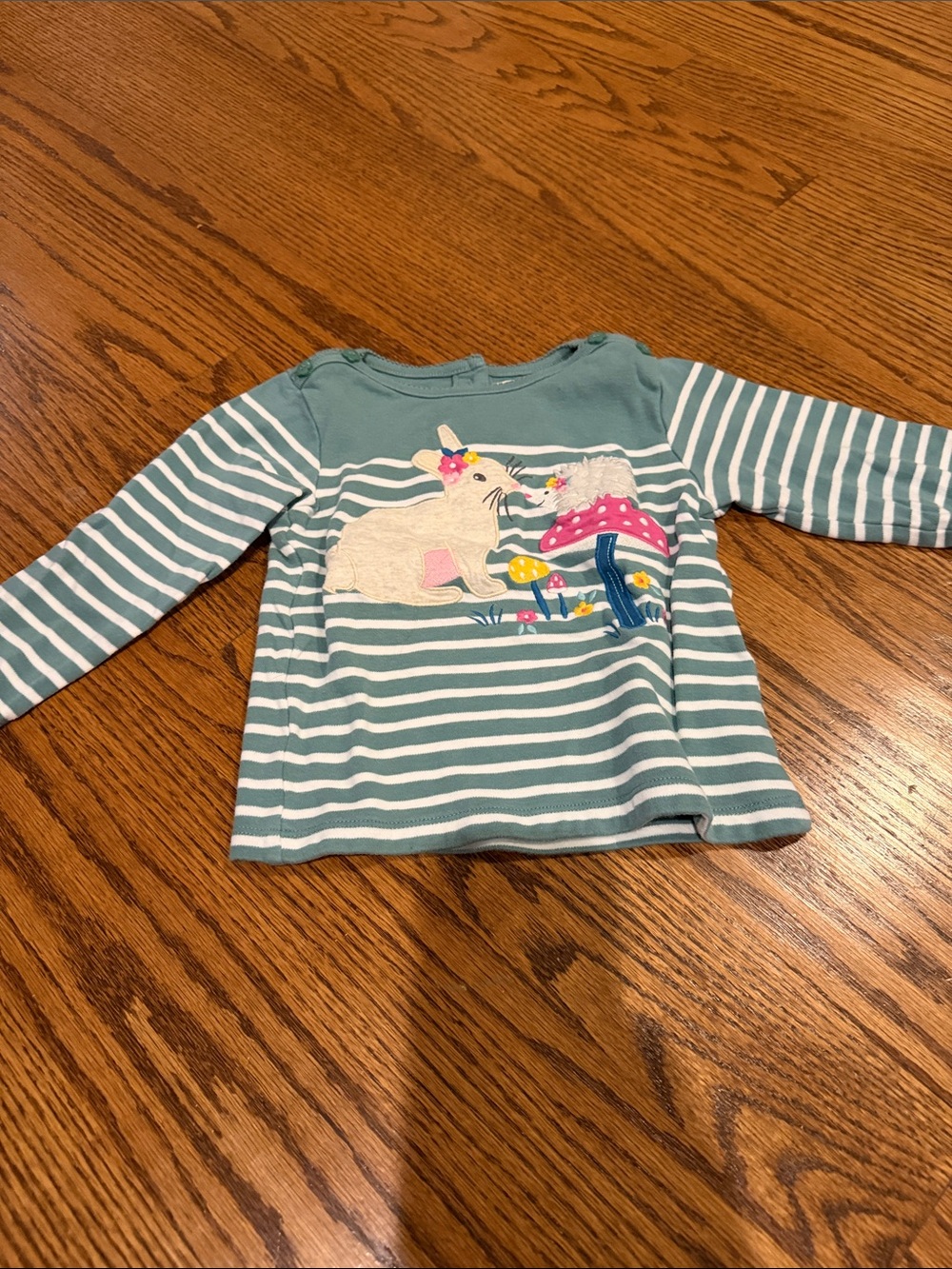 Girls' Green Striped Long-Sleeve Shirt with Bunny Appliqué